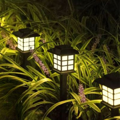 Lanterne exterieur style japonais lumière RGB violet jaune blanc dans herbes hautes