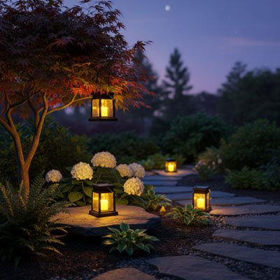 Lanterne solaire bougie LED plusieurs sont posées allée jardin crépuscule, érable japonais hortensia blanc fleurs, ciel violet lune, ambiance roma