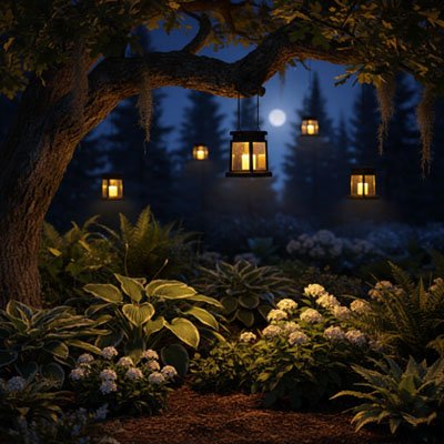 Lanterne solaire bougie LED plusieurs sont suspendues branches grand arbre nuit, pleine lune ciel bleu nuit, hostas hortensias blancs sous-bois, a