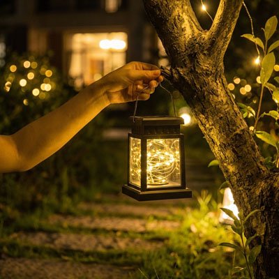 Main accrochant Lanterne solaire extérieur décorative LED à branche d'arbre dans jardin nocturne, ambiance chaleureuse