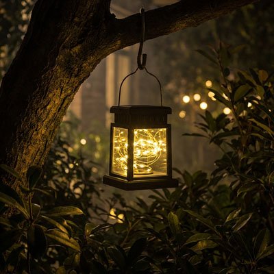 Lanterne solaire extérieur décorative LED suspendue à branche d'arbre dans jardin nocturne, lumière chaude