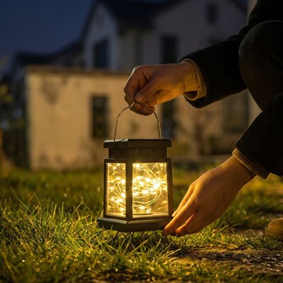 Mains posant lanterne solaire extérieur décorative LED sur pelouse au crépuscule devant maison, éclairage jardin ambiance soirée