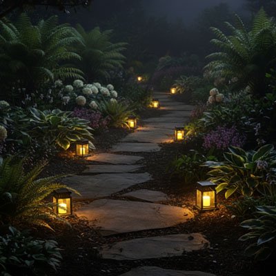 Lanterne solaire lumière chaude dorée dans une allée bordée de fougères hostas végétation luxuriante