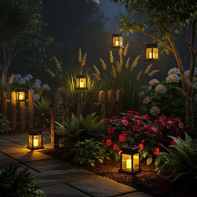Lanterne solaire plusieurs sont posées et suspendues jardin nuit, allée dallée hortensias rouges blancs graminées clôture bois, lumière