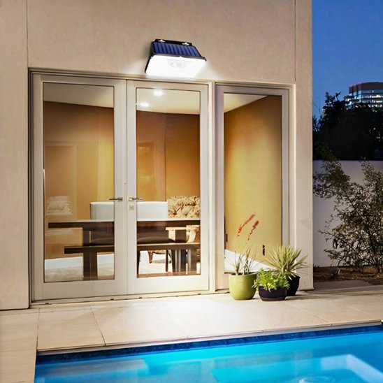 Luminaire exterieur LED détecteur de mouvement fixé mur au-dessus baies vitrées terrasse piscine nuit, éclairage sécurité extérieur 