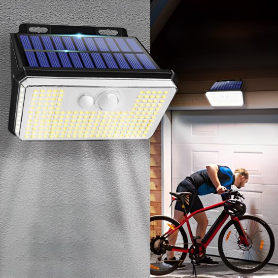 Luminaire exterieur panneau solaire intégré double détecteur de mouvement fixé mur gris, collage garage vélo cycliste 