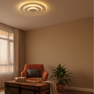 Plafonnier trois anneaux concentriques blancs salle de lecture coffre ancien bois utilisé comme table de centre fauteuil vintage plante coussin