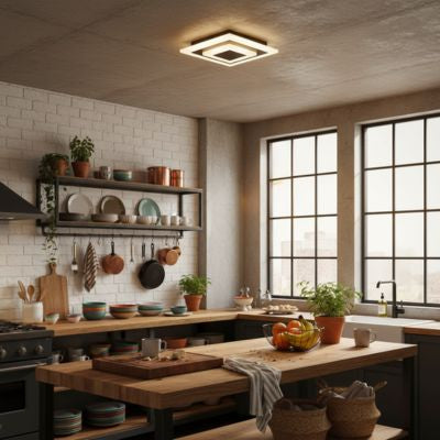 Plafonnier carré noir dans cuisine industrielle bohème