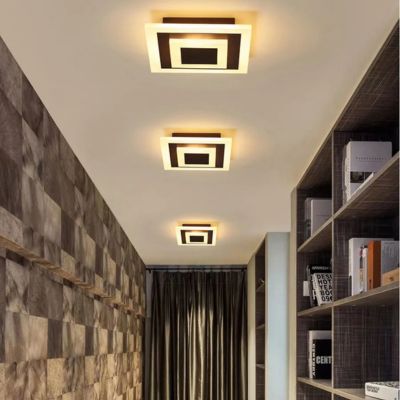 Trois plafonniers deux cadres imbriqués noirs dans entrée moderne  minimaliste