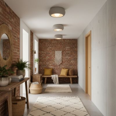 Plafonnier gris rond installation grande entrée bohème industrielle avec 3 plafonniers mur brique rotin tapis blancs rayures noires