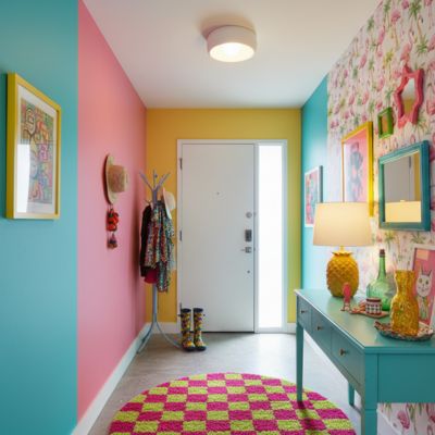 Plafonnier blanc petite entrée kitsch colorée